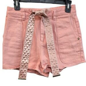 soli coral Peach Pink Denim Shorts High Waisted Quilted Satin Tie Belt Women M